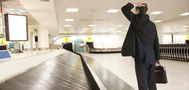 Man disappointed looking at empty baggage carousel at airport